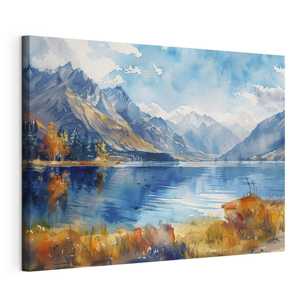 Tableaux Aquarelle d'un lac entouré de montagnes et de nuages