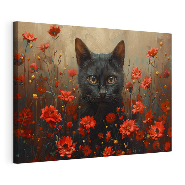 Chat noir dans un champ de fleurs rouges Tableaux Chat noir dans un champ de fleurs rouges