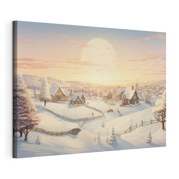 Tableaux Village enneigé avec des arbres et une clôture
