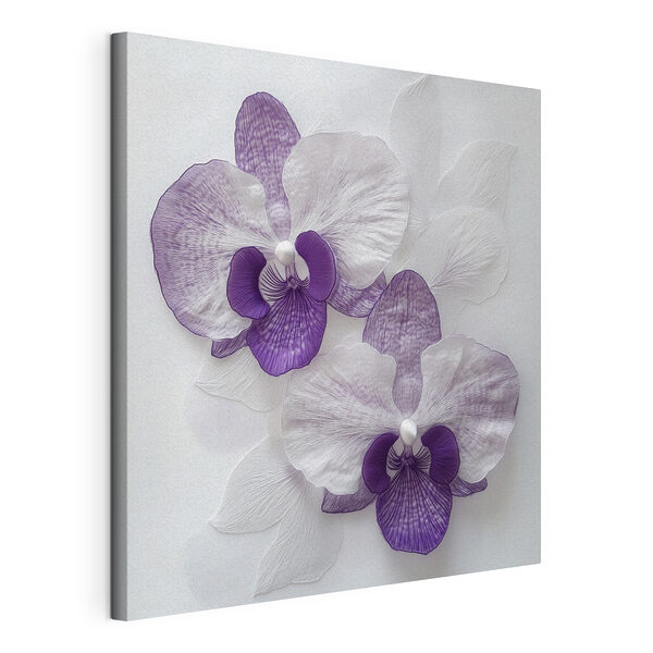 Tableaux Fleurs violettes et blanches sur une surface blanche