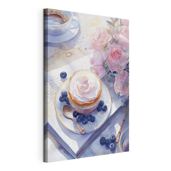 Peinture à l'aquarelle d'un dessert avec une rose sur une assiette avec des myrtilles et une cuillère Tableaux Peinture à l'aquarelle d'un dessert avec une rose sur une assiette avec des myrtilles et une cuillère
