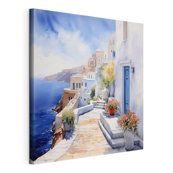 Tableaux Aquarelle d'un bâtiment blanc avec des portes bleues et des fleurs sur une falaise