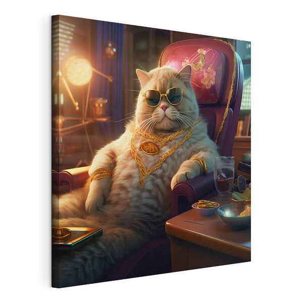 Chat portant des lunettes de soleil et un collier, assis sur une chaise Tableaux Chat portant des lunettes de soleil et un collier, assis sur une chaise