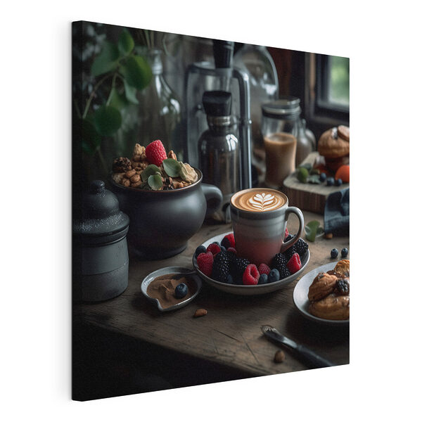 Tasse de café avec un latte art sur une assiette avec des fruits et des céréales Tableaux Tasse de café avec un latte art sur une assiette avec des fruits et des céréales