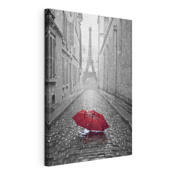 Tableaux Parapluie rouge dans une rue humide de Paris
