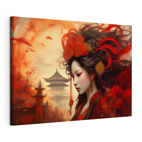 Femme aux cheveux longs avec des fleurs rouges dans les cheveux Tableaux Femme aux cheveux longs avec des fleurs rouges dans les cheveux