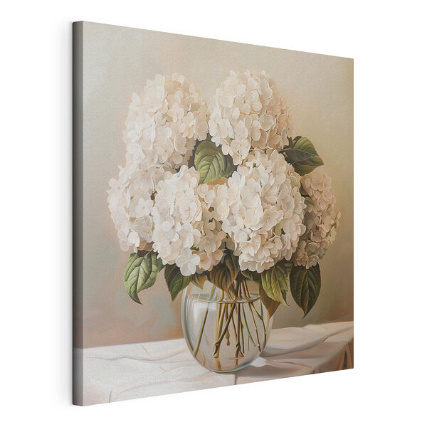 Tableaux Peinture d'un bouquet de fleurs blanches dans un vase en verre