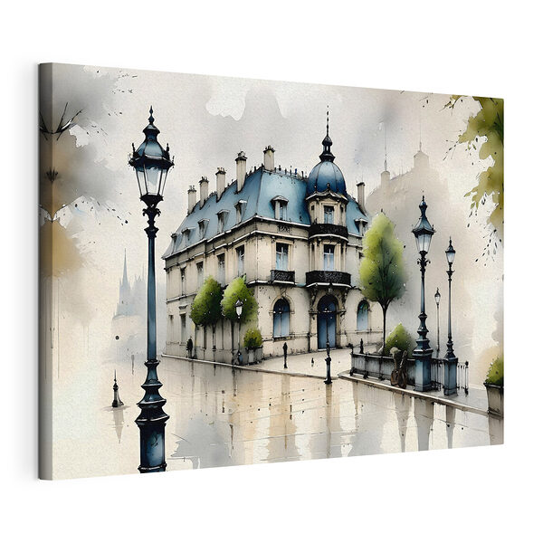 Peinture d'un bâtiment avec des arbres et un lampadaire Tableaux Peinture d'un bâtiment avec des arbres et un lampadaire