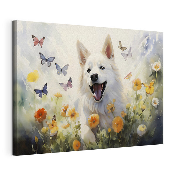 Chien blanc avec des papillons dans un champ de fleurs Tableaux Chien blanc avec des papillons dans un champ de fleurs