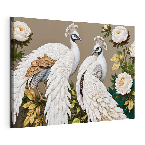 Couple de paons blancs sur une branche avec des fleurs Tableaux Couple de paons blancs sur une branche avec des fleurs