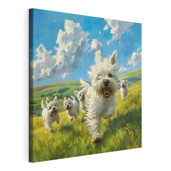 Groupe de chiens blancs courant dans un champ Tableaux Groupe de chiens blancs courant dans un champ
