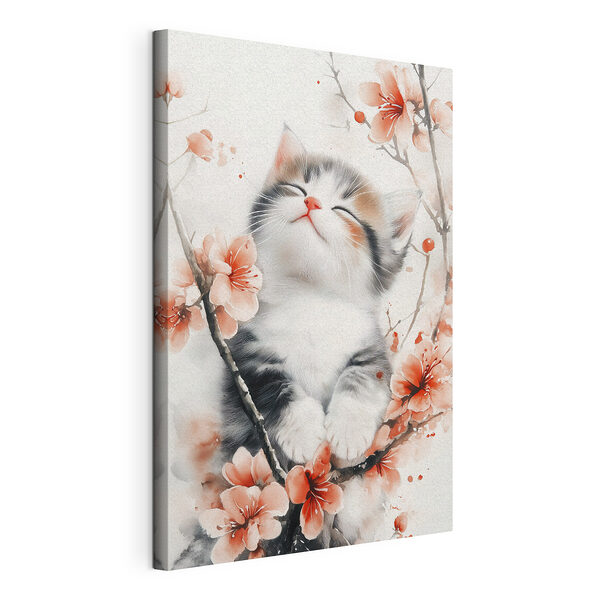 Chat assis sur un arbre avec des fleurs Tableaux Chat assis sur un arbre avec des fleurs