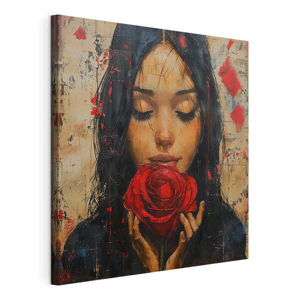 Peinture d'une femme tenant une rose rouge Tableaux Peinture d'une femme tenant une rose rouge