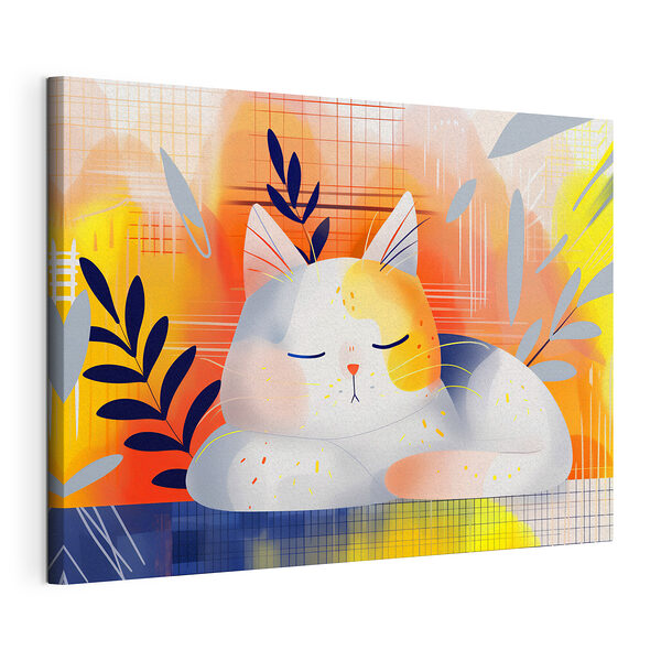 Tableaux Chat dormant avec des feuilles sur la tête