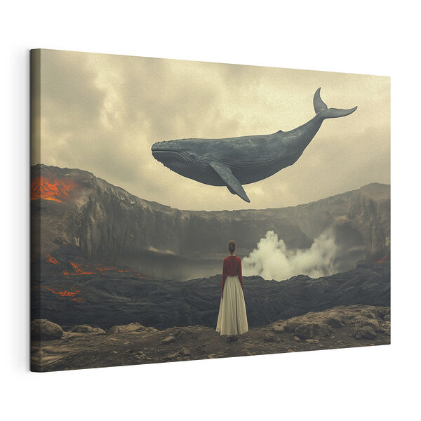 Femme regardant une baleine volant au-dessus d'un volcan Tableaux Femme regardant une baleine volant au-dessus d'un volcan
