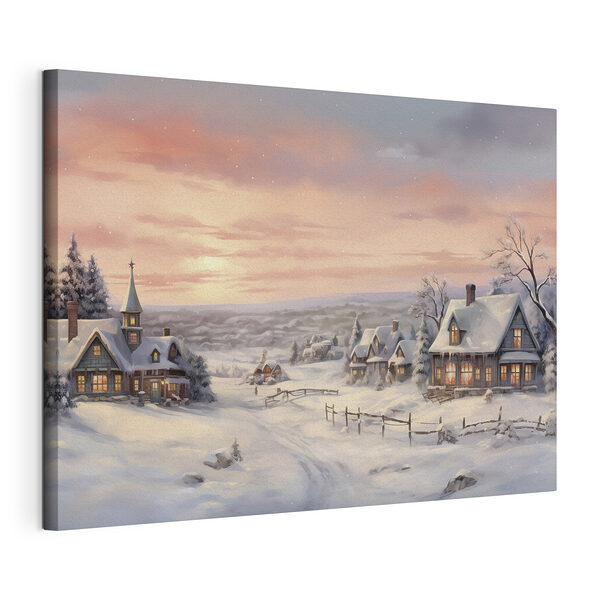 Tableaux Village enneigé avec des maisons et une clôture
