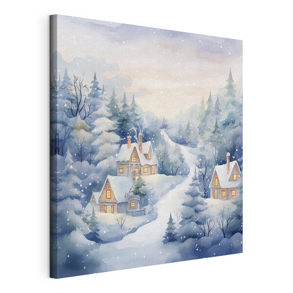 Peinture de maisons dans une forêt enneigée Tableaux Peinture de maisons dans une forêt enneigée