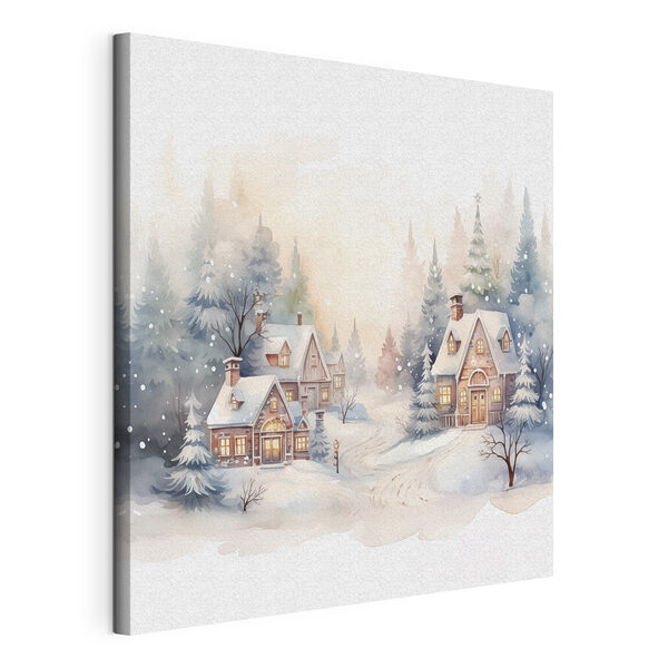 Aquarelle de maisons dans une forêt enneigée Tableaux Aquarelle de maisons dans une forêt enneigée