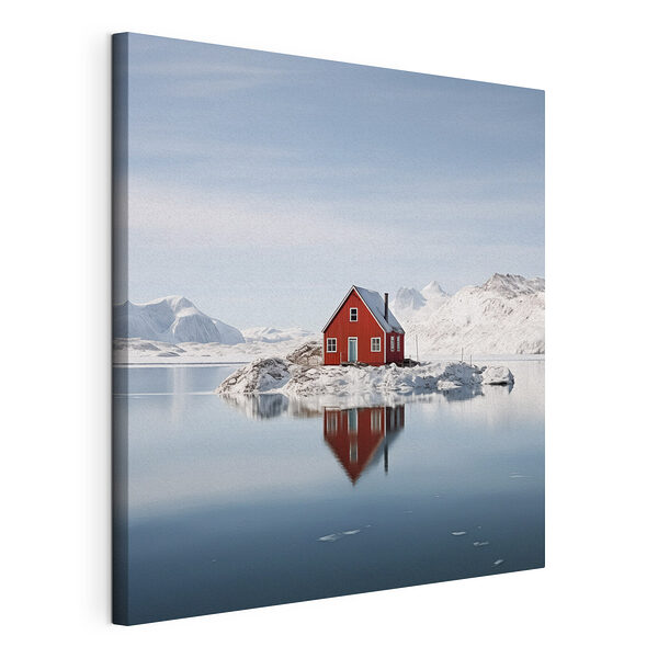 Maison rouge sur une île dans l'eau avec des montagnes enneigées en arrière-plan Tableaux Maison rouge sur une île dans l'eau avec des montagnes enneigées en arrière-plan