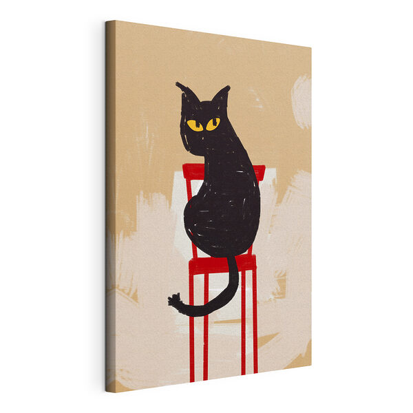 Chat noir assis sur une chaise rouge Tableaux Chat noir assis sur une chaise rouge