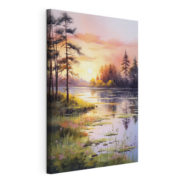 Aquarelle d'un lac avec des arbres et de l'herbe Tableaux Aquarelle d'un lac avec des arbres et de l'herbe