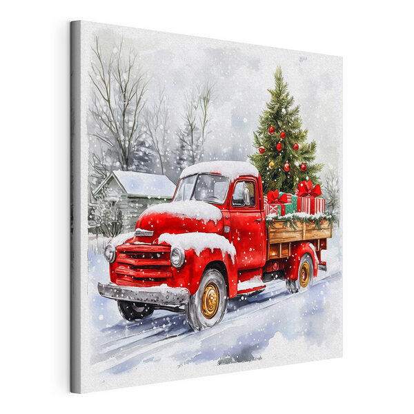 Tableaux Camion rouge avec un sapin de Noël à l'arrière