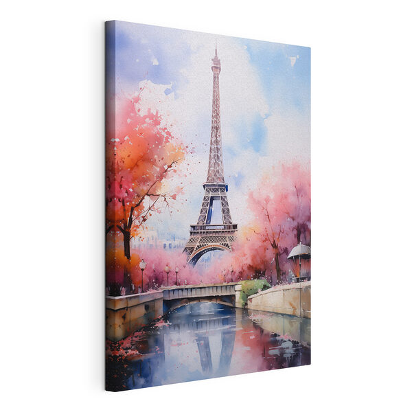 Aquarelle d'une tour avec des fleurs roses et un pont Tableaux Aquarelle d'une tour avec des fleurs roses et un pont