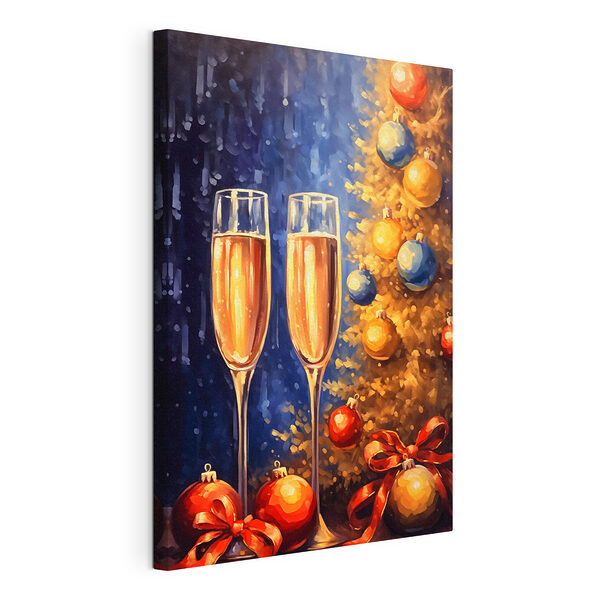 Peinture de deux coupes de champagne à côté d'un arbre de Noël Tableaux Peinture de deux coupes de champagne à côté d'un arbre de Noël