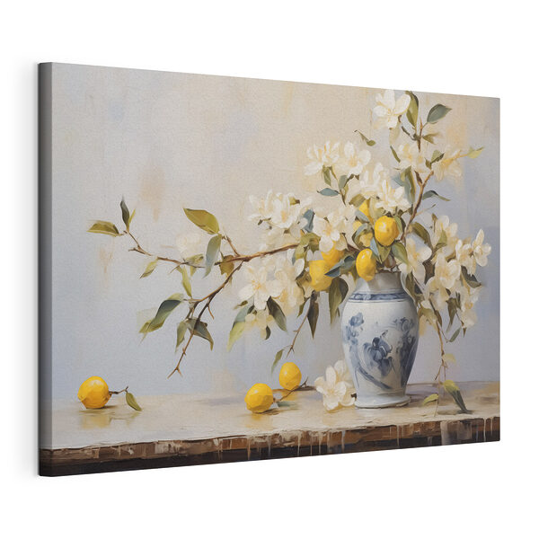 Tableaux Peinture d'un vase avec des fleurs et des citrons