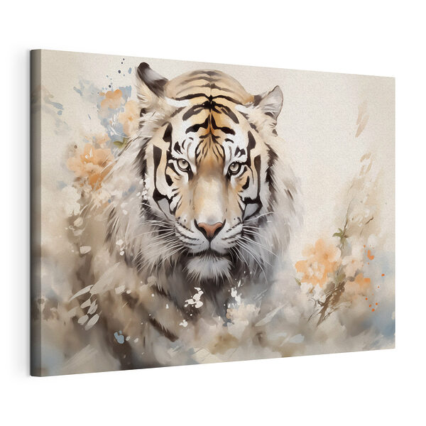Tableaux Tigre avec des fleurs en arrière-plan