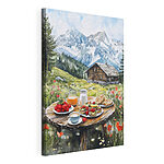 Tableaux Table avec de la nourriture et des boissons devant une montagne