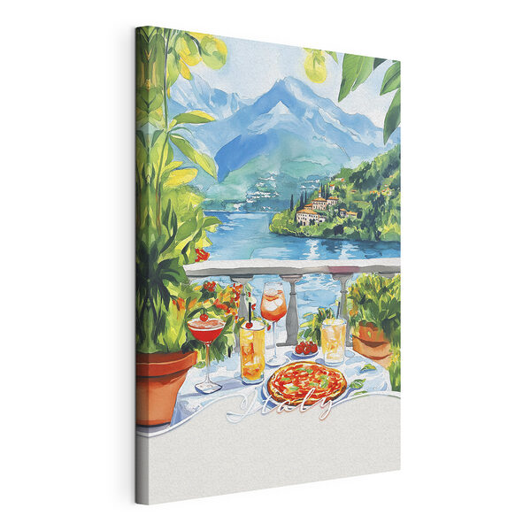 Peinture à l'aquarelle d'une table avec des boissons et une vue sur un lac Tableaux Peinture à l'aquarelle d'une table avec des boissons et une vue sur un lac