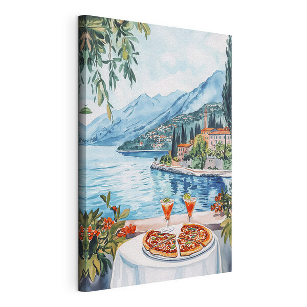 Tableaux Peinture à l'aquarelle d'une table avec de la nourriture et un lac en arrière-plan