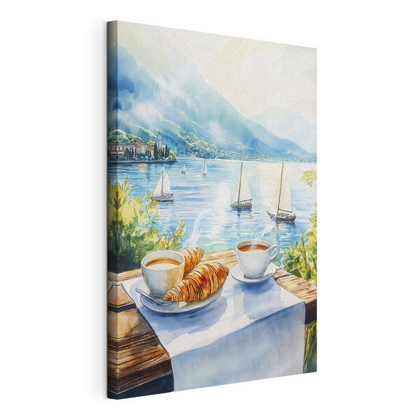Tableaux Peinture à l'aquarelle d'une table sur laquelle sont posés du café et des croissants