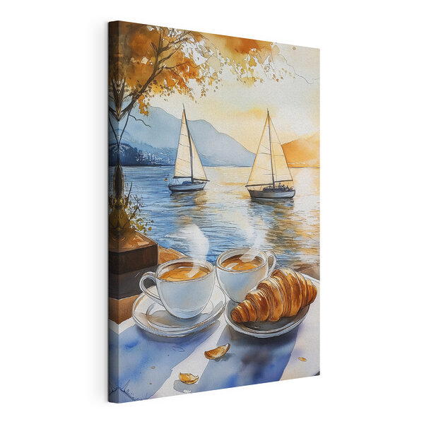 Aquarelle de deux tasses de café et d'un croissant sur une table Tableaux Aquarelle de deux tasses de café et d'un croissant sur une table