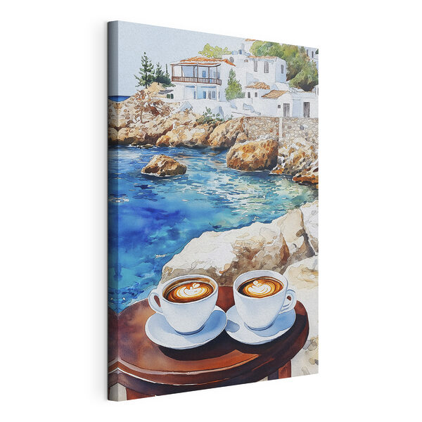 Deux tasses de café sur une table à côté d'un plan d'eau Tableaux Deux tasses de café sur une table à côté d'un plan d'eau
