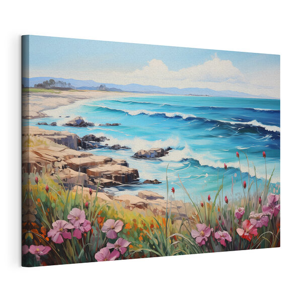 Tableaux Peinture d'une plage avec des fleurs et des vagues