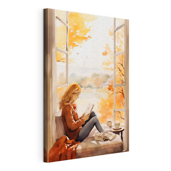 Tableaux Femme assise sur le rebord d'une fenêtre et lisant un livre