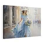 Tableaux Femme en robe bleue tenant des fleurs