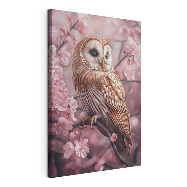Hibou assis sur une branche avec des fleurs roses Tableaux Hibou assis sur une branche avec des fleurs roses