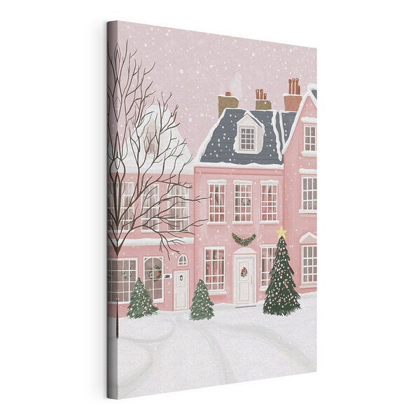 Maison rose avec arbres et neige Tableaux Maison rose avec arbres et neige
