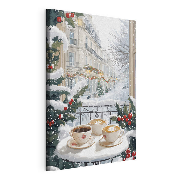 Tableaux Deux tasses de café sur un balcon avec de la neige et des bâtiments