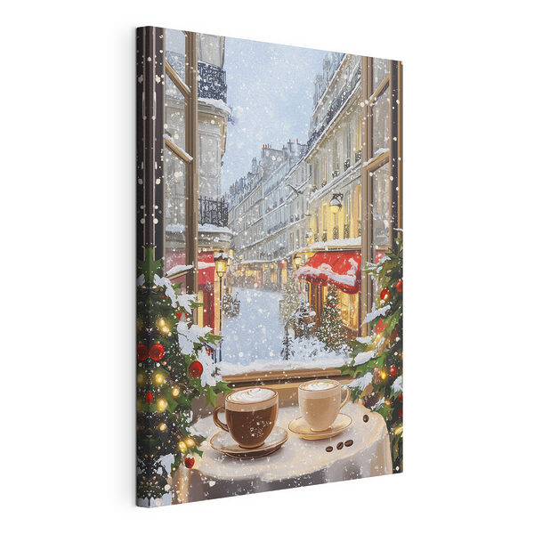 Tableaux Fenêtre avec deux tasses de café et arbres devant une rue