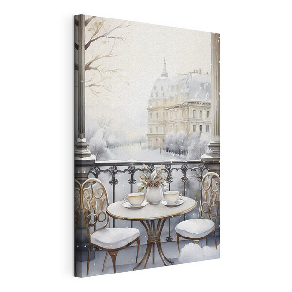Tableaux Table avec des tasses et un vase de fleurs sur un paysage enneigé