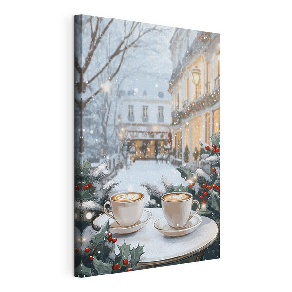 Tableaux Deux tasses de café sur une table devant une rue enneigée