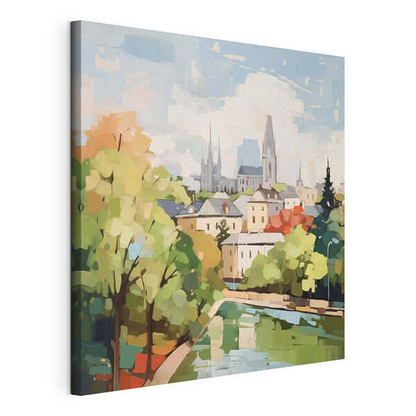 Peinture d'une ville avec des arbres et une rivière Tableaux Peinture d'une ville avec des arbres et une rivière