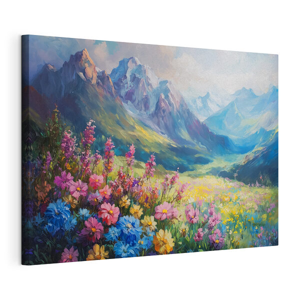 Tableaux Peinture de fleurs dans un champ avec des montagnes en arrière-plan