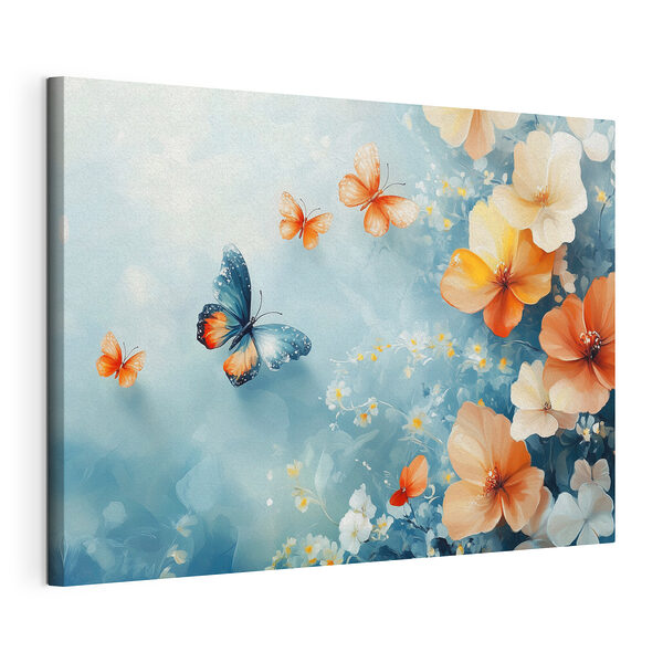Papillons et fleurs sur fond bleu Tableaux Papillons et fleurs sur fond bleu