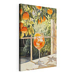 Tableaux Verre de jus d'orange avec des glaçons et des oranges par la fenêtre