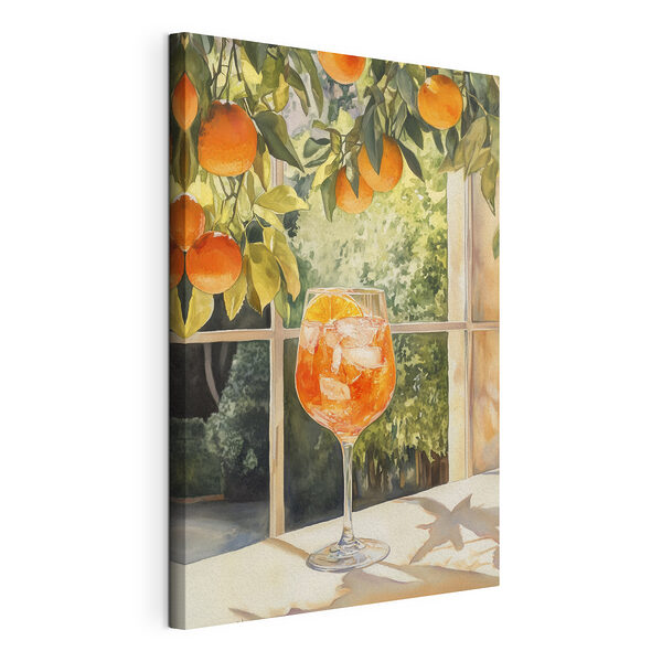 Verre de jus d'orange avec des glaçons et des oranges par la fenêtre Tableaux Verre de jus d'orange avec des glaçons et des oranges par la fenêtre